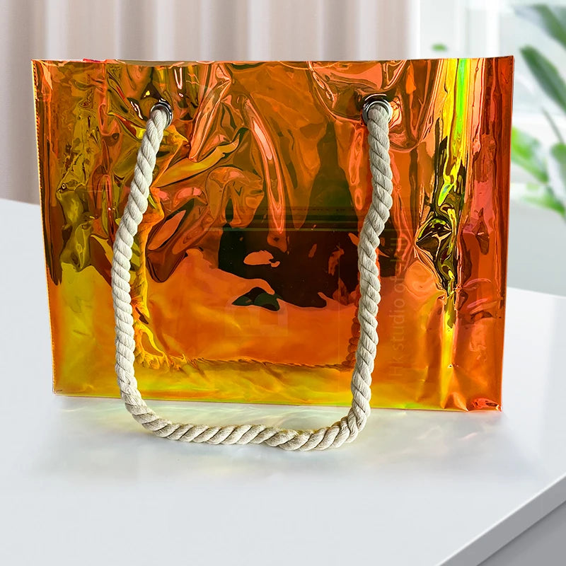Holographic PVC Hemp Rope Beach Tote Bag for Travel, Gifts, and Storage