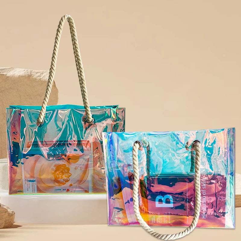 Holographic PVC Hemp Rope Beach Tote Bag for Travel, Gifts, and Storage