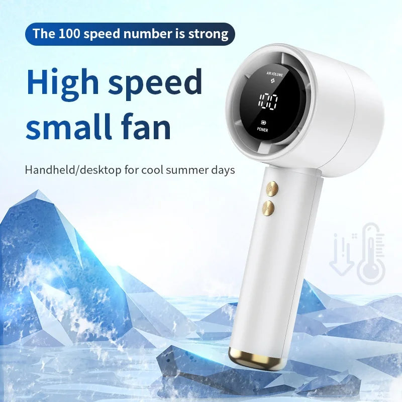 100-Speed N68 High-Speed Handheld Fan - USB Mini Portable Rechargeable Turbo Fan with Brushless Motor and Digital Display, 3000mAh Battery