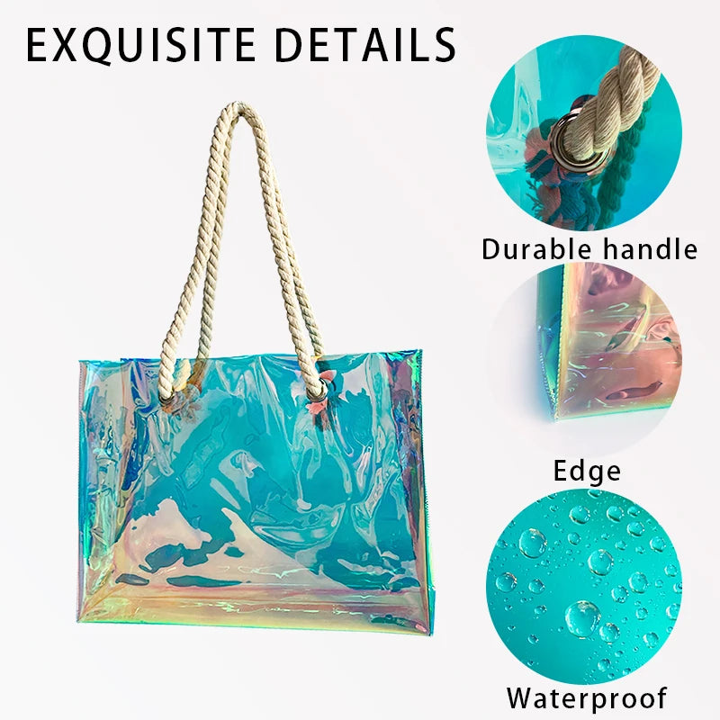 Holographic PVC Hemp Rope Beach Tote Bag for Travel, Gifts, and Storage