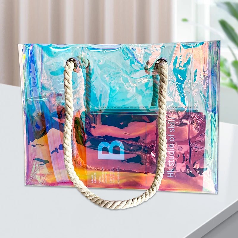 Holographic PVC Hemp Rope Beach Tote Bag for Travel, Gifts, and Storage
